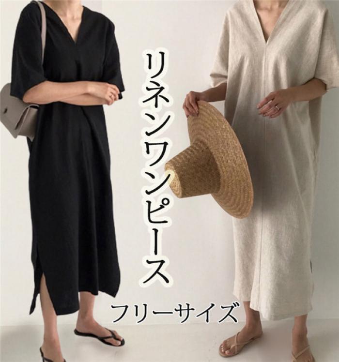 Rakuten - リネンワンピース スキッパーリネンワンピース 綿麻 麻 Vネック 体型カバー ロングワンピース リネンワンピ 麻ワンピ 半袖 ゆったり サイドスリット スリットワンピ de114zbzbc6