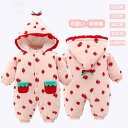 ジャンプスーツ カバーオール ロンパース イチゴ柄 ベビー キッズ スナップ ベビー服 女の子 可愛い かわいい スナップボタン 防寒着 前開き 赤 ds090...