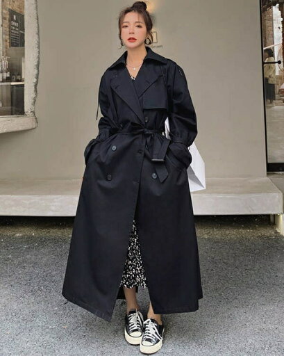 トレンチコート レディース 秋コート スプリングコート 超ロング トレンチ コート ロング丈 ロング 春 秋 アウター 秋物 秋服 ビジネス お宮参り 通勤 就活 韓国風 ロングアウター 黒 dw163zezen1