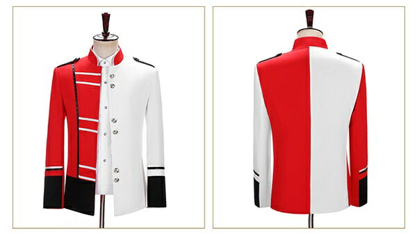 ジャケット メンズ ステージ衣装 演出服 赤 白 バイカラー カラオケ大会 カラオケ 大会 ダンス 衣装 王子様 衣装 大人 貴公子 演奏会 男性 アイドル 貴族服　舞台 演劇 オペラ 声楽 コスプレ イベント 忘年会 新年会 学園祭 ハロウィン コンクール M/L/XL/2XL/3XL dw245ze