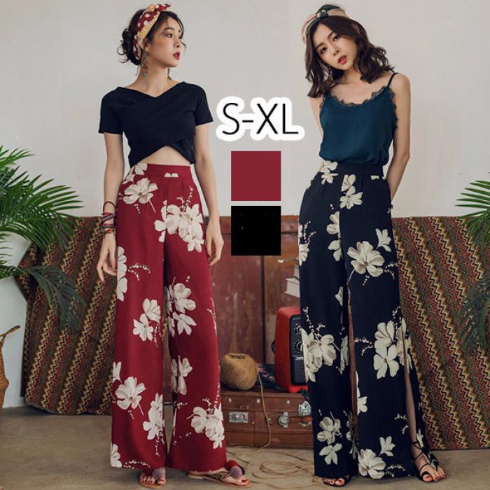 Rakuten - 【サイズ有S/M/L/XL】ガウチョパンツ スカーチョ スカンツガウチョパンツ 脚長効果 花柄 スリット入り セクシー レディース ブラック ワインレッド 大人ワイドパンツ ロング丈 フレアパンツ ハワイ アロハ ボタニカル柄 ボトムス ゆったり 体型カバー dy071zezec6