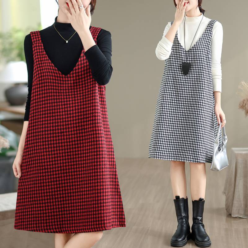 ワンピース 秋 冬 レディース ジャンパースカート Vネック 千鳥柄 膝丈 ミディアム丈 Aライン ワンピース ノースリーブ 重ね着 きれいめ チェック柄 着痩せ おしゃれ 大人可愛い 秋冬 レイヤード 着痩せ 通勤 OL 送料無料