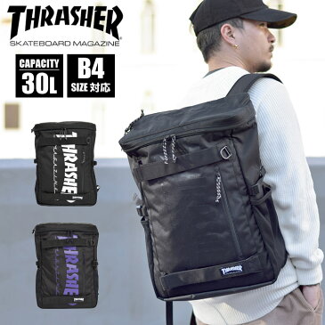 リュック スラッシャー THRASHER リュックサック 大容量 撥水 メンズ レディース リュック 通学 学生 通勤 30L A4 B4 ストリート スケーター ブランド 撥水生地 中学生 高校生 大学生 丈夫 頑丈 デイパック バックパック ロゴ柄 紫 パープル リュック かっこいい 黒 THR-161