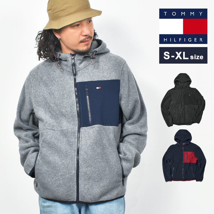 フリース ジャケット フード付き TOMMY HILFIGER トミー ヒルフィガー ジップ フーディ ジャケット ブランド メンズ 暖かい 防寒 ロゴ アメカジ 上着 冬服 持ち運び 黒 ブラック 紺 ネイビー …