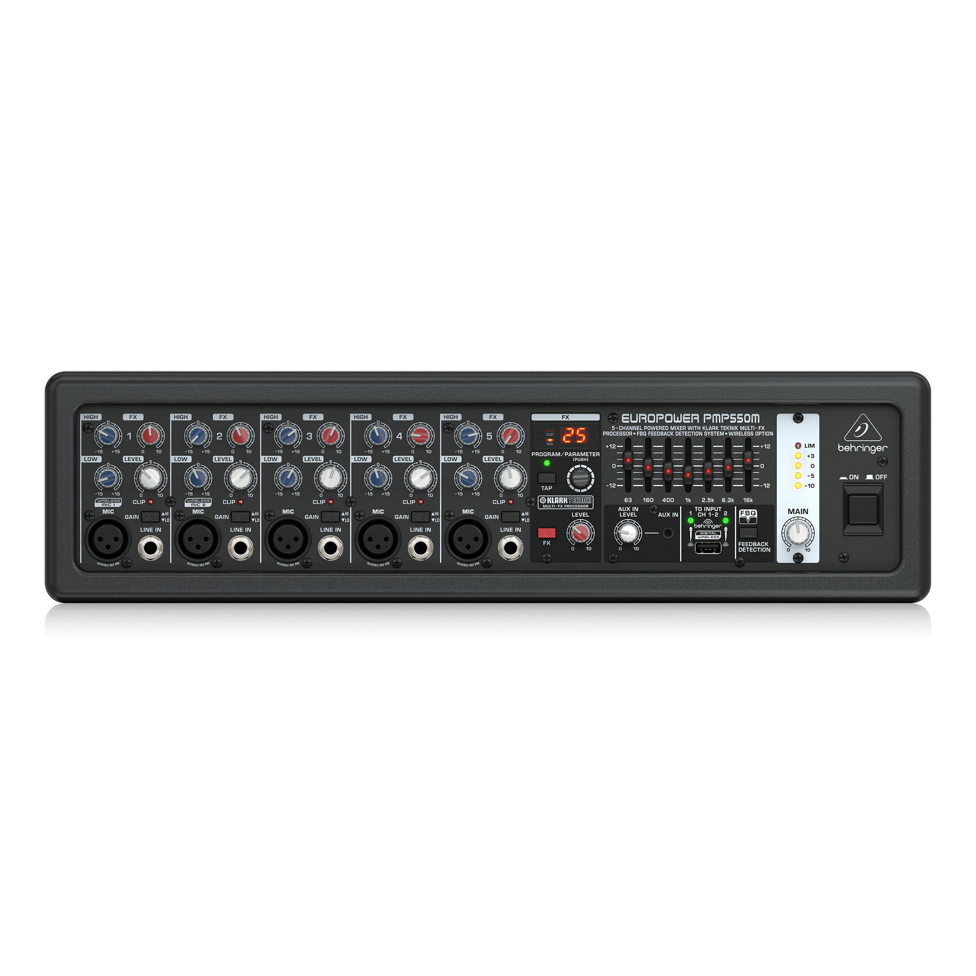 Hibino.com ストア(ヒビノ公式)のBEHRINGER PMP550M EUROPOWER パワードミキサー| ボックスタイプ アンプ内蔵ミキサー パワーアンプ ミキサー リバーブ エコー デジタルエフェクター イコライザー EQ 5チャンネル入力 PA機材 PA機器 音響 国内正規品 安心の3年保証｜アングル2
