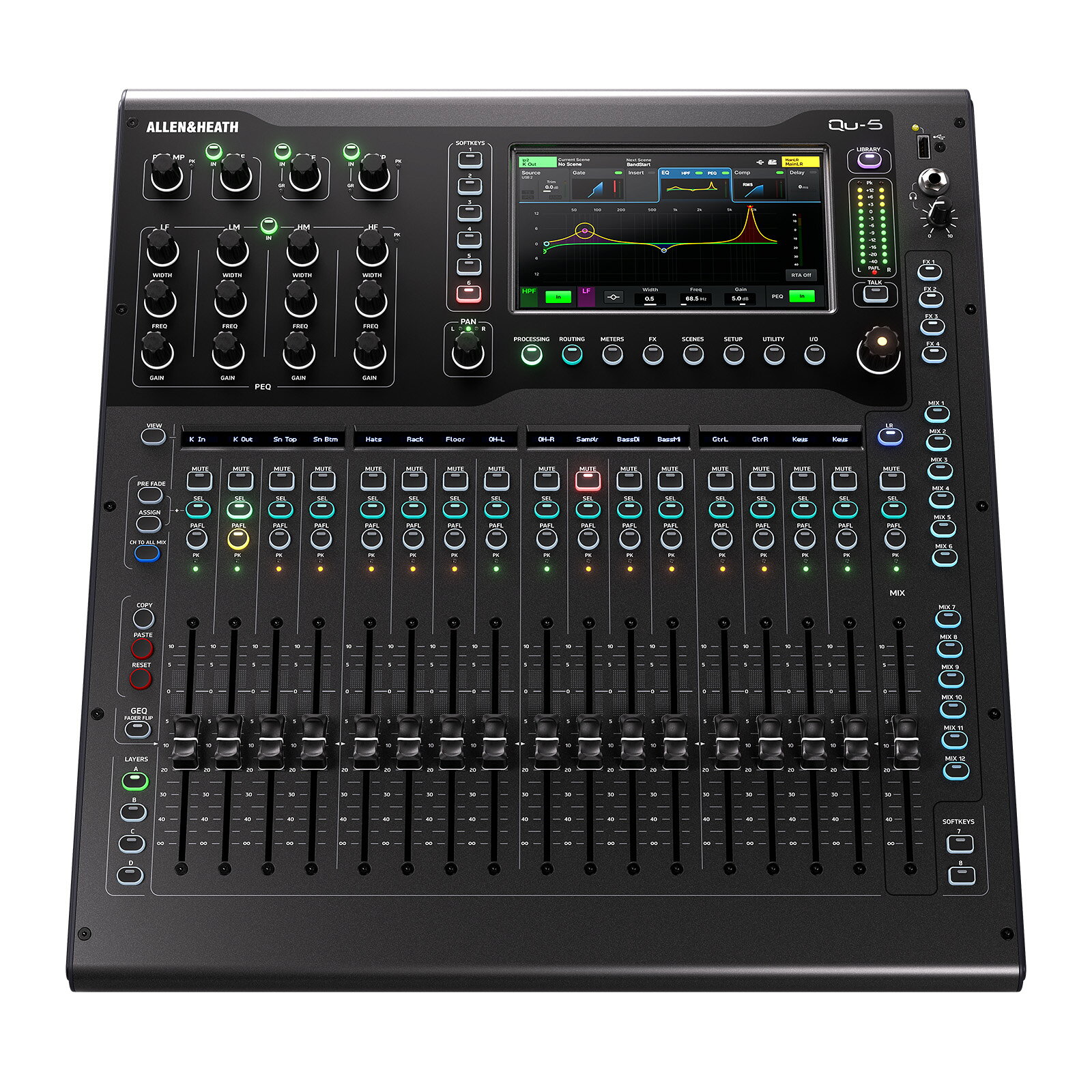 ■Hibino.Comおすすめポイント ・全てが新しい、新時代のデジタルミキサー ・96kHz XCVIコアを採用し、プロセッシング能力を一新 ・I/O機能から、UI、画面とフェーダーまで、全てを再設計 ・32×32 USB-Cオーディオインターフェースを搭載し、DAW録音に対応 ・フィードバックアシスタントとゲインアシスタントを搭載 ・フラグシップモデルで定評のあるDEEP Processing機能に対応(オプション) Qu-5/6/7はXCVIコア、I/O機能から、UI、画面とフェーダーまで、全てを再設計しています。Qu-5/6/7は38入力（32モノラル/リンク可能、3ステレオ）、12ミックス、4マトリックス、6つのFXエンジン（専用ステレオリターン付き）、およびEverything I/Oエキスパンダー接続用のSLinkポートを搭載しています。全モデルに32×32 USB-Cオーディオインターフェースを搭載し、DAW録音に対応。SDカードで32チャンネルのマルチトラック録音/再生、USB-Aポート経由でシンプルなステレオ録音/再生が可能です。 ラインナップは3つのフレームサイズから選択でき、各モデルはDante接続の有無を選択可能。Danteインターフェースは48/96kHzで16×16chに対応しています。 ■Quシリーズの直感的なワークフローを継承しつつ再進化 直感的なワークフローで評価されてきたQuの操作性を継承しながらも新世代モデルは、4つのカスタムフェーダーレイヤー、より多くのアサインが可能なSoftKeys、柔軟なルーティングオプションを拡張しています。ユーザーインターフェースは、ナビゲーションの速度と使いやすさをポイントに刷新し、重要なミキシング機能は常に指先で操作可能です。 ■フラグシップモデルのダイナミクスを継承 Qu-5/6/7はフラグシップモデルdLiveで定評のあるDEEP Processingにオプションで対応し、伝説的なスタジオコンプレッサーとプリアンプのエミュレーションを運用できます。さらに、CQシリーズで採用されたフィードバックアシスタントとゲインアシスタントを搭載。セットアップのストレスを軽減し、サウンドチェックを迅速化します。 スペック タッチスクリーン 7インチ×1 フェーダー数 16+1 (4レイヤー) リモートI/Oポート SLink レコーディング SD multitrack, USB A stereo USBストリーム USB C プロセッシングコア FPGA サンプリングレート 96kHz レイテンシー 0.7ms未満 マイクライン入力(すべてコンボ端子) 16 アナログ出力 12(XLR)、2(TRS) AES/EBUデジタル出力 1 プロセッシング入力 32 + 2st+USB1&2 最大 AUX/GROUPS 6 + 6st 最大マトリクス 4 FXエンジン 6 寸法、重量　440×476×213mm、約10kg