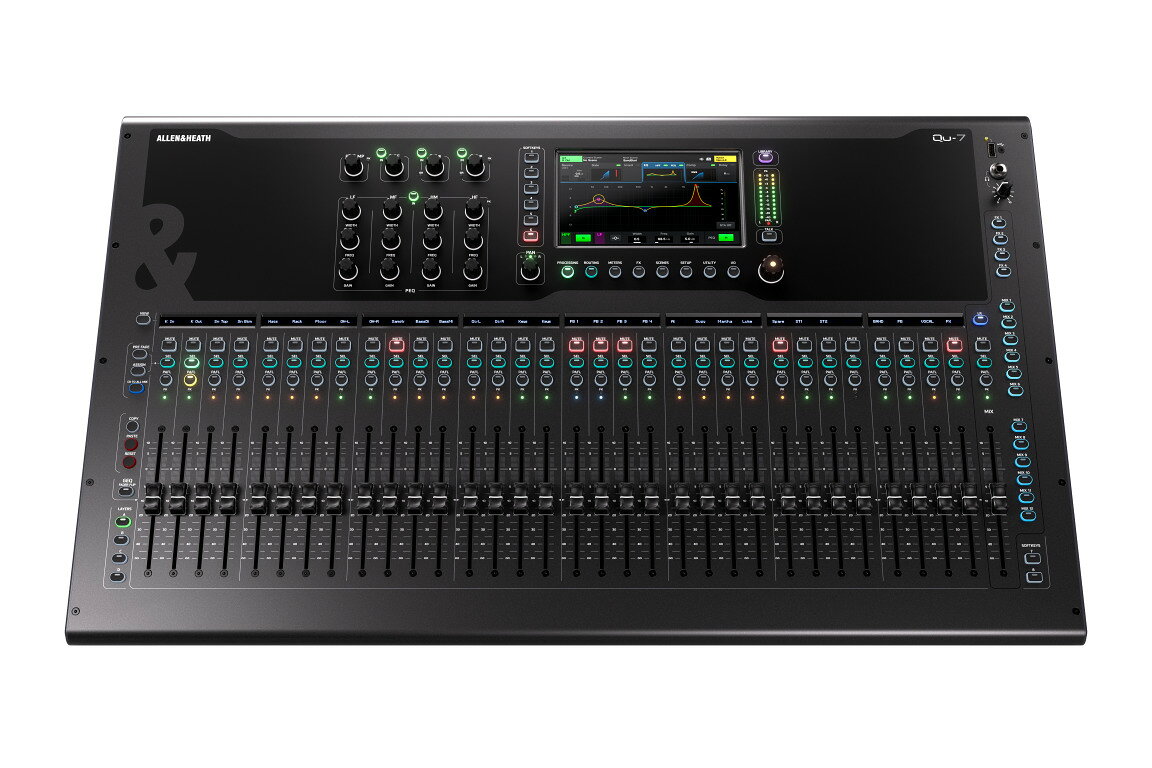■Hibino.Comおすすめポイント ・全てが新しい、新時代のデジタルミキサー ・96kHz XCVIコアを採用し、プロセッシング能力を一新 ・I/O機能から、UI、画面とフェーダーまで、全てを再設計 ・32×32 USB-Cオーディオインターフェースを搭載し、DAW録音に対応 ・フィードバックアシスタントとゲインアシスタントを搭載 ・フラグシップモデルで定評のあるDEEP Processing機能に対応(オプション) Qu-5/6/7はXCVIコア、I/O機能から、UI、画面とフェーダーまで、全てを再設計しています。Qu-5/6/7は38入力（32モノラル/リンク可能、3ステレオ）、12ミックス、4マトリックス、6つのFXエンジン（専用ステレオリターン付き）、およびEverything I/Oエキスパンダー接続用のSLinkポートを搭載しています。全モデルに32×32 USB-Cオーディオインターフェースを搭載し、DAW録音に対応。SDカードで32チャンネルのマルチトラック録音/再生、USB-Aポート経由でシンプルなステレオ録音/再生が可能です。 ラインナップは3つのフレームサイズから選択でき、各モデルはDante接続の有無を選択可能。Danteインターフェースは48/96kHzで16×16chに対応しています。 ■Quシリーズの直感的なワークフローを継承しつつ再進化 直感的なワークフローで評価されてきたQuの操作性を継承しながらも新世代モデルは、4つのカスタムフェーダーレイヤー、より多くのアサインが可能なSoftKeys、柔軟なルーティングオプションを拡張しています。ユーザーインターフェースは、ナビゲーションの速度と使いやすさをポイントに刷新し、重要なミキシング機能は常に指先で操作可能です。 ■フラグシップモデルのダイナミクスを継承 Qu-5/6/7はフラグシップモデルdLiveで定評のあるDEEP Processingにオプションで対応し、伝説的なスタジオコンプレッサーとプリアンプのエミュレーションを運用できます。さらに、CQシリーズで採用されたフィードバックアシスタントとゲインアシスタントを搭載。セットアップのストレスを軽減し、サウンドチェックを迅速化します。 スペック タッチスクリーン 7インチ×1 フェーダー数 32+1 (4レイヤー) リモートI/Oポート SLink レコーディング SD multitrack, USB A stereo USBストリーム USB C プロセッシングコア FPGA サンプリングレート 96kHz レイテンシー 0.7ms未満 マイクライン入力(すべてコンボ端子) 32 アナログ出力 20(XLR)、2(TRS) AES/EBUデジタル出力 1 プロセッシング入力 32 + 2st+USB1&2 最大 AUX/GROUPS 6 + 6st 最大マトリクス 4 FXエンジン 6 DEEP PROCESSING(オプション) 対応 800×476×213mm、約16.7kg