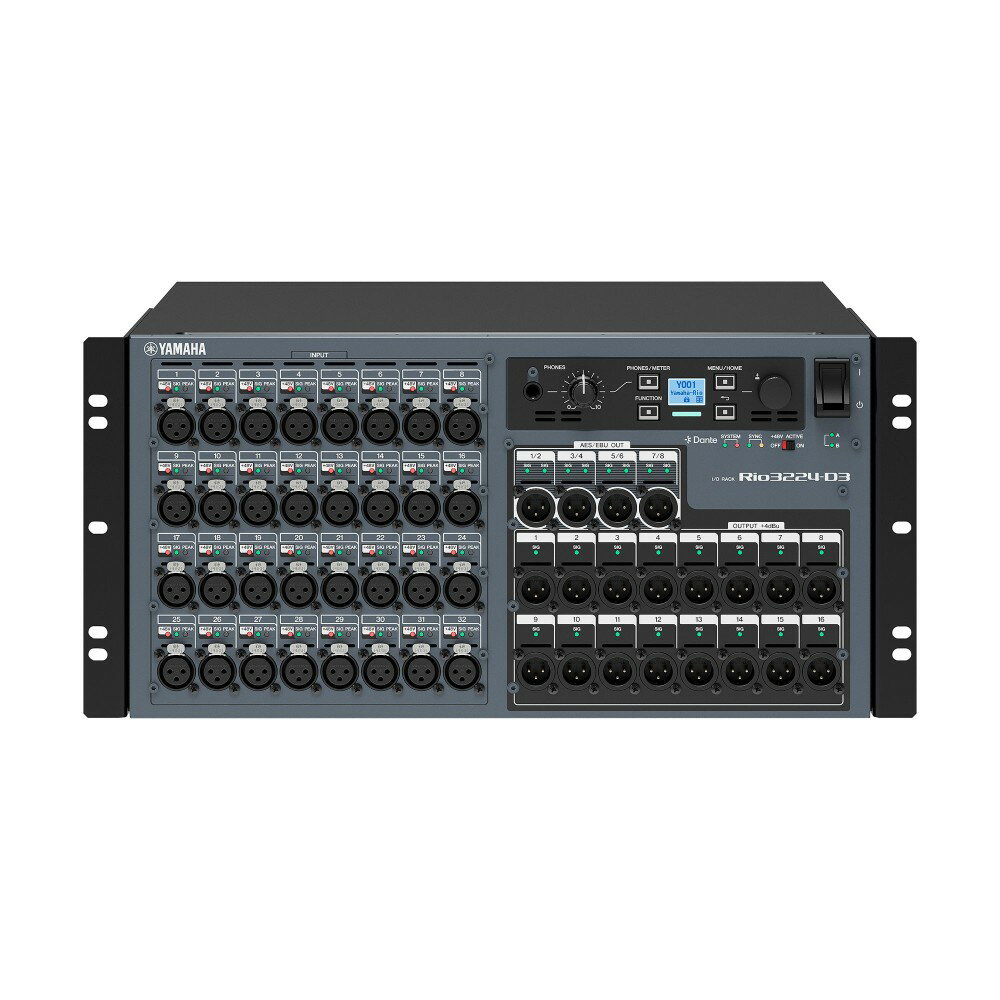 ■「Rio3224-D3」は、アナログ入力32系統、アナログ出力16系統、デジタルAES/EBU出力8系統を搭載。ヤマハのデジタルミキサーやプロセッサーと組み合わせることにより、柔軟なシステム構築が可能になります。スタイリッシュで堅牢な筐体ながら、2重化電源を搭載して信頼性を高めています。また、新たに追加したヘッドホン端子とアウトプットでのディレイ機能により、利便性がさらに高まりました。 ■特長 アナログI/O：32 In / 16 Out AES/EBU：8チャンネルデジタル出力 Dante：受信26 / 送信32チャンネル ゲイン、ディレイなど各種パラメーターの包括的な表示とローカル制御 高信頼性のデュアル電源ユニット内蔵 オンボードのヘッドホンソケット 寸法 (幅×高さ×奥行き) 480 mm× 220 mm × 370 mm 質量 13.2 kg