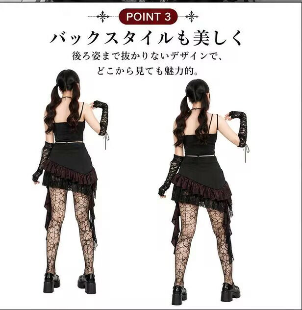 レースドレス ワンピース レディース　ロリータ ショート丈 暗黒系 長袖 レースフリル 切り替え ワンピース セクシー キャミソール風 ハロウィン コスチューム 原宿系 ゴシック風 コスプレ衣装イベント cosplay 舞台衣装 定番 - 3