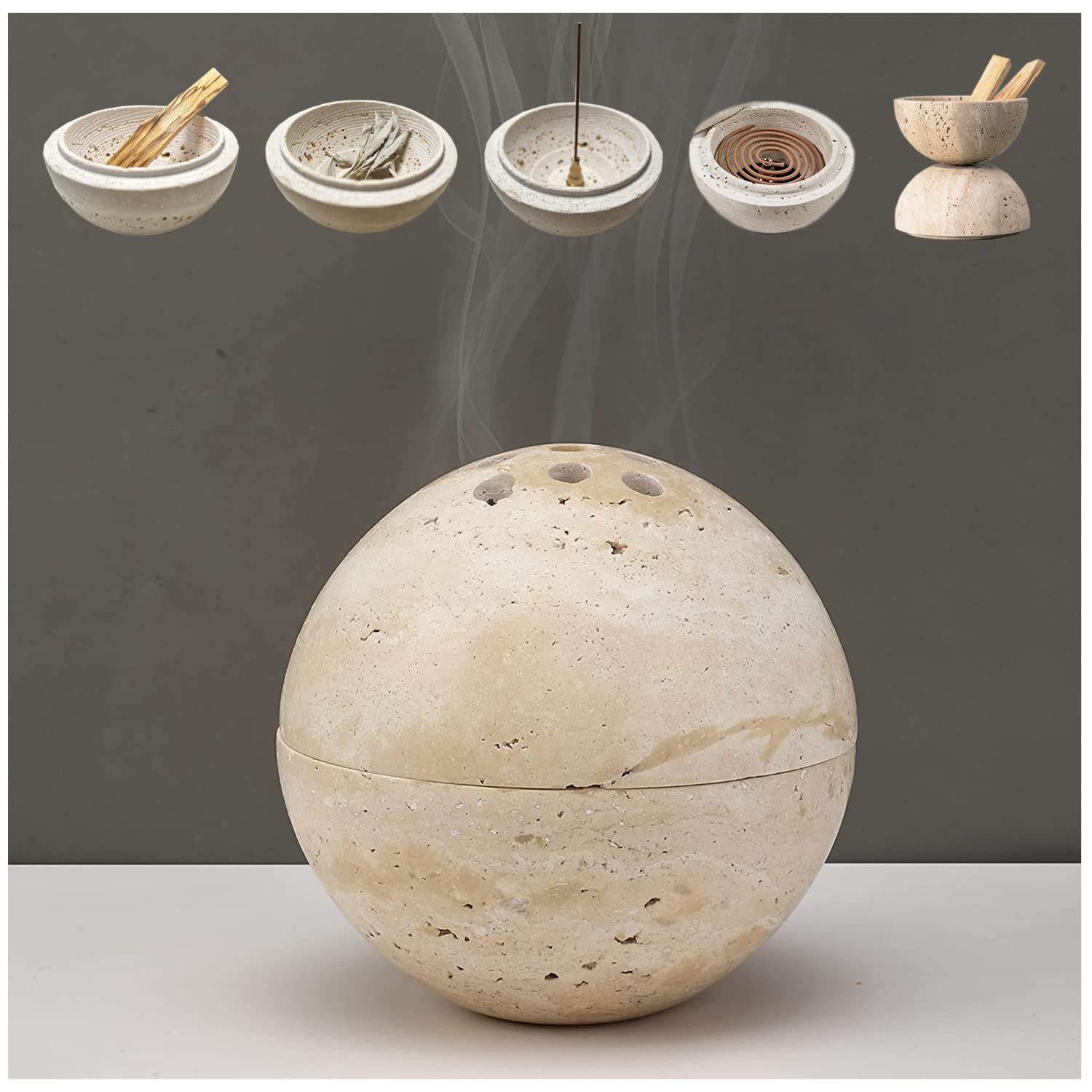 パロサント 受け皿 香炉 おしゃれ 天然大理石 トラバーチン ホワイトセージ 浄化用 蓋付き 灰がこぼれない 耐熱 アロマ・渦巻き・コーン・線香に対応 お香立て Palo Santo Holder 手入れ簡単 侘び寂び風 北欧 リラックス 癒やし ヨガ 瞑想 仏壇用 インテリア 小物入れのサムネイル