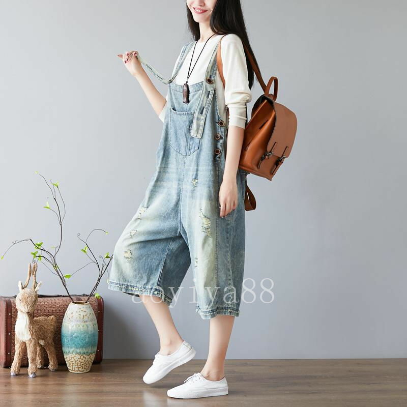 サロペット オーバーオール レディース ワイドパンツ デニム ジーンズ レトロ ゆったり ダメージ 7分丈