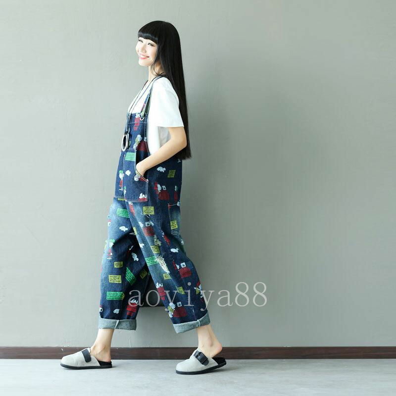サロペット オーバーオール レディース デニム ジーンズ ゆったり 大きいサイズ ダメージ カートゥーン