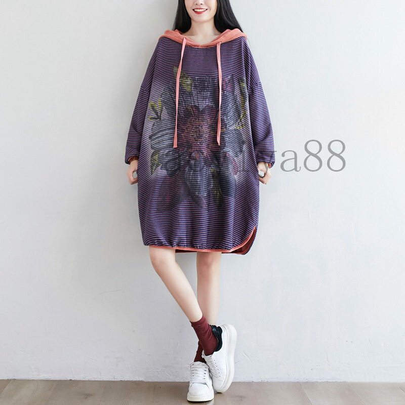 チュニック レディース ワンピース フード付き パーカー ビッグサイズ プリント ダメージ加工 配色切替え