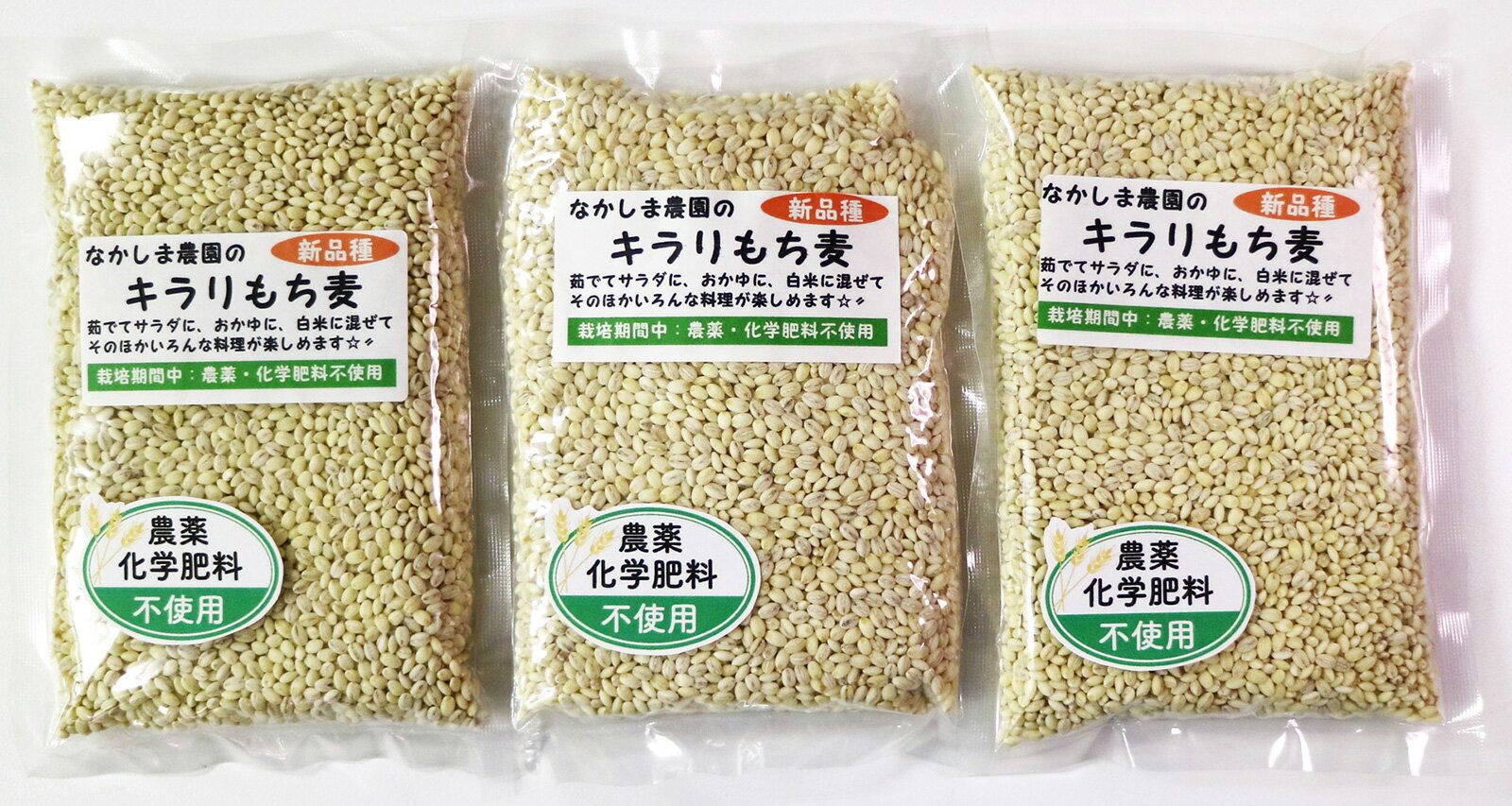 3袋セット なかしま農園のキラリもち麦 熊本産 無農薬 無化学肥料 精麦 健康 食物繊維 ゴボウの2倍以上 国産 小分けで使いやすい(300g x 3袋セット)