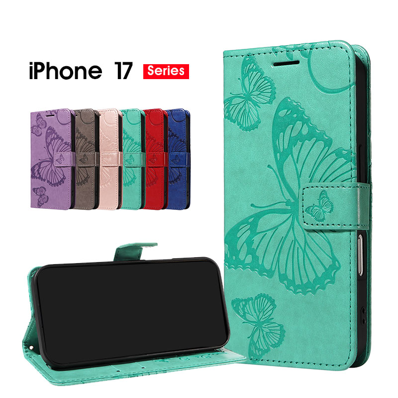 スマホケース iPhone 17ケース 手帳型 iPhone Airケース バタフライ柄 かわいい iPhone 17 Proケース ストラップ付 iPhone 17 pro カバー レザーケース iPhone 17 Pro maxケース カード入れ iphone 17 proケース 型押し 蝶柄 アイフォン17ケース スタンド機能