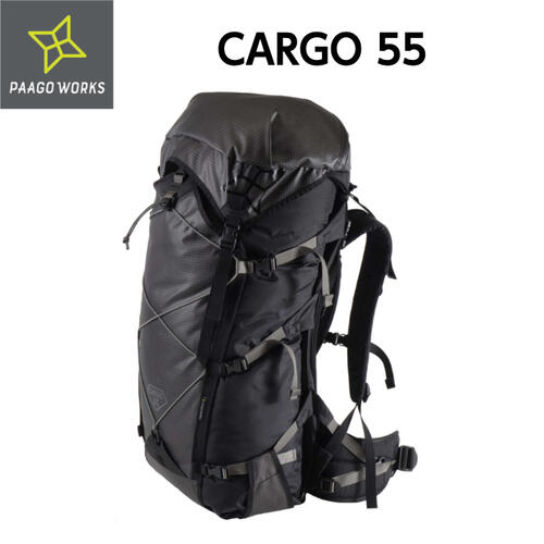 【PAAGO WORKS パーゴワークス】CARGO 55 カーゴ 55 バックパック 背負子 ブラック 15Lバッグ 30Lバッグ ジッパー式サイドポケット ボトルポケット トレッキング MTB パックラフト アウトドア