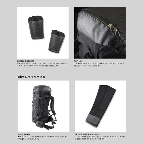 【2022春夏】【PAAGO WORKS パーゴワークス】CARGO 55 カーゴ 55 バックパック 背負子 ブラック 15Lバッグ 30Lバッグ ジッパー式サイドポケット ボトルポケット トレッキング MTB パックラフト アウトドア