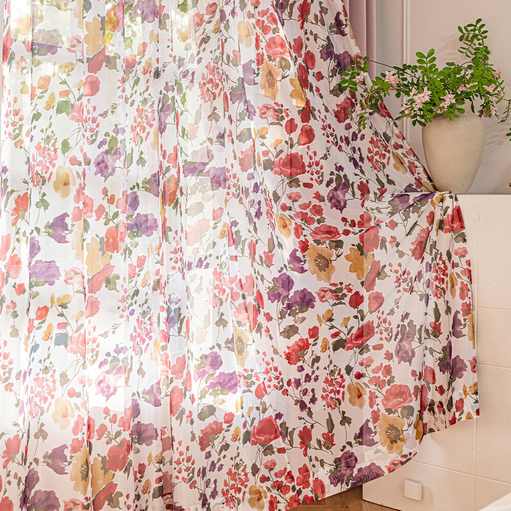 花柄 レースカーテン 2枚組 全面レッドフワラー柄 可愛い UVカット67.2% 機能付き 幅100cm×丈108〜228cm フック装着済みで届いてすぐ取付で...