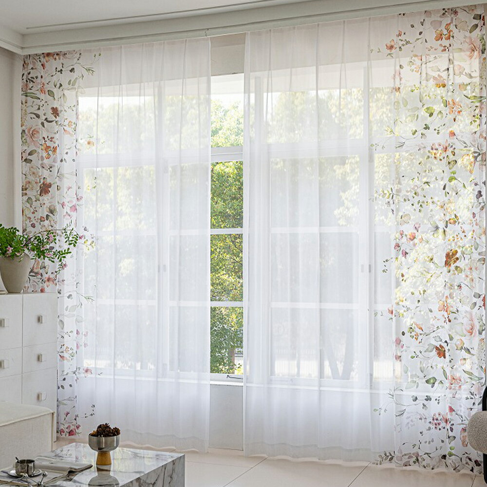 両端 花柄 レースカーテン 2枚組 おしゃれな両端のフワラー柄 デザイン UVカット70% 機能付き 幅100cm×丈108〜228cm フック装着済みで届いて...
