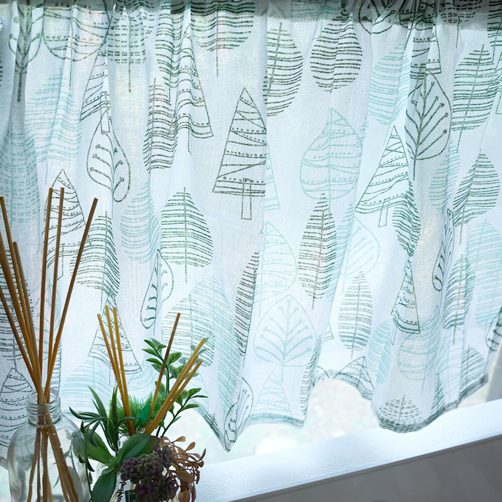 カフェカーテン 北欧 幅100cm×丈45cm 小さめ 1枚 おしゃれな 木立柄 かわいい 植物柄 小窓/出窓用 目隠..