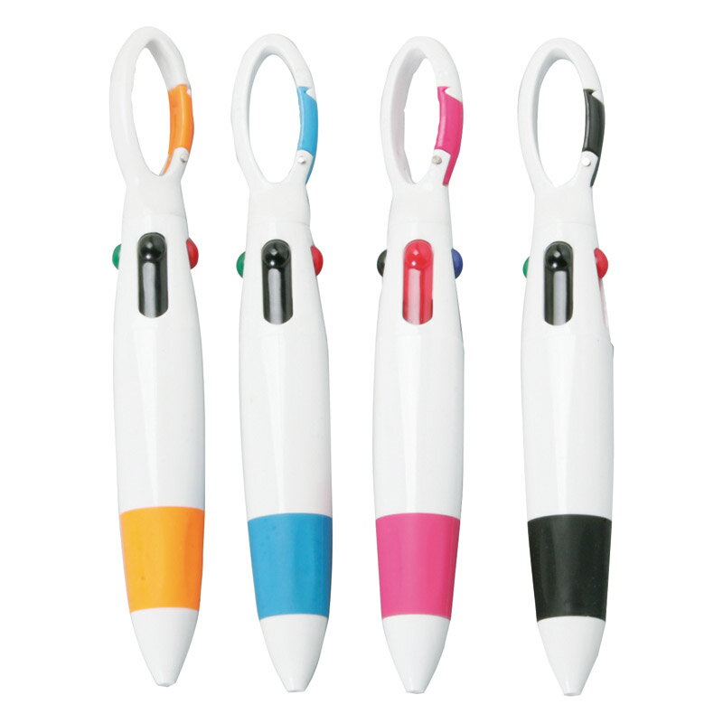 カラビナ付 ボールペン 選べる25～100本 個包装(のし柄PP袋) まとめ買い 現場作業 文具 筆記 粗品 景品 配布 販促 熨斗柄 ノベルティ アンケート 問診票 【カラビナ4色ボールペン_1P】