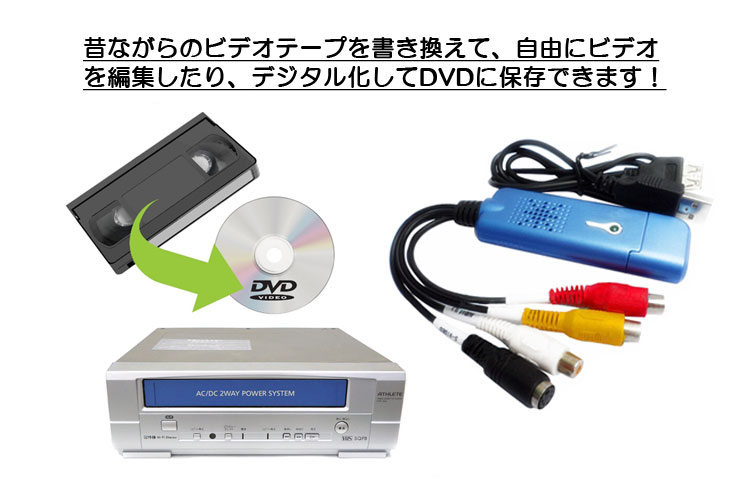 ビデオテープをDVDに簡単保存 USBキャプチャー ビデオ/VHS 8mm DVD ダビング パソコン取り込み ビデオキャプチャー VC200