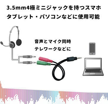 ヘッドホン+マイク用変換アダプタケーブル 3.5mm 4極 ステレオ ミニプラグジャック 3.5mm端子(オス)イヤホン端子(メス)マイク端子(メス)テレワーク・ゲームなどに AU352ME