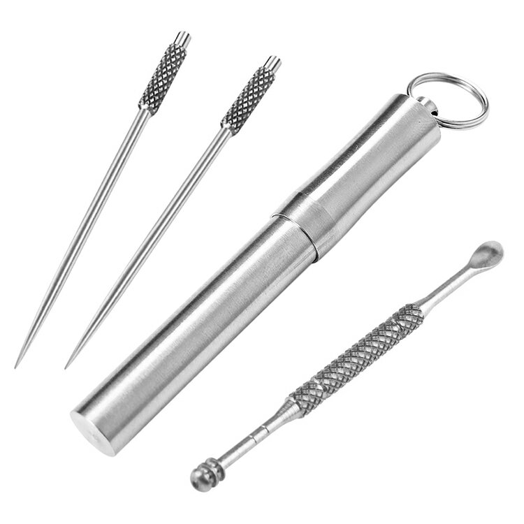 チタン合金製耳かき＆爪楊枝2本セット 携帯用 強度・耐食性抜群 密閉ケース 軽量 キーホルダーTOOP3IN1