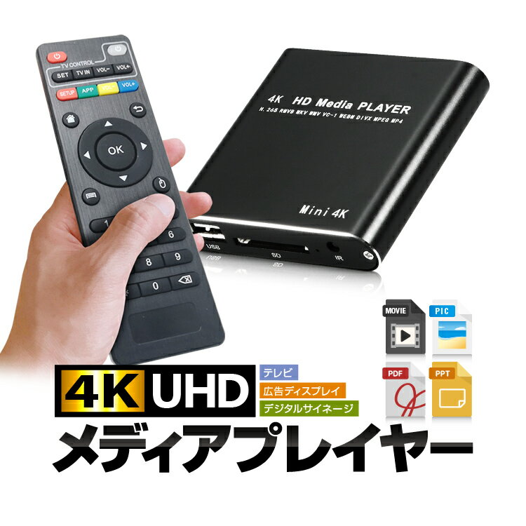 4Kメディアプレイヤー リモコン付 3840 2160 30Hz PPT/PDF再生対応 レジューム機能あり リピート再生機能 横縦表示切替可 4GBストレージ 画面ズーム BGM再生対応 MP021K4