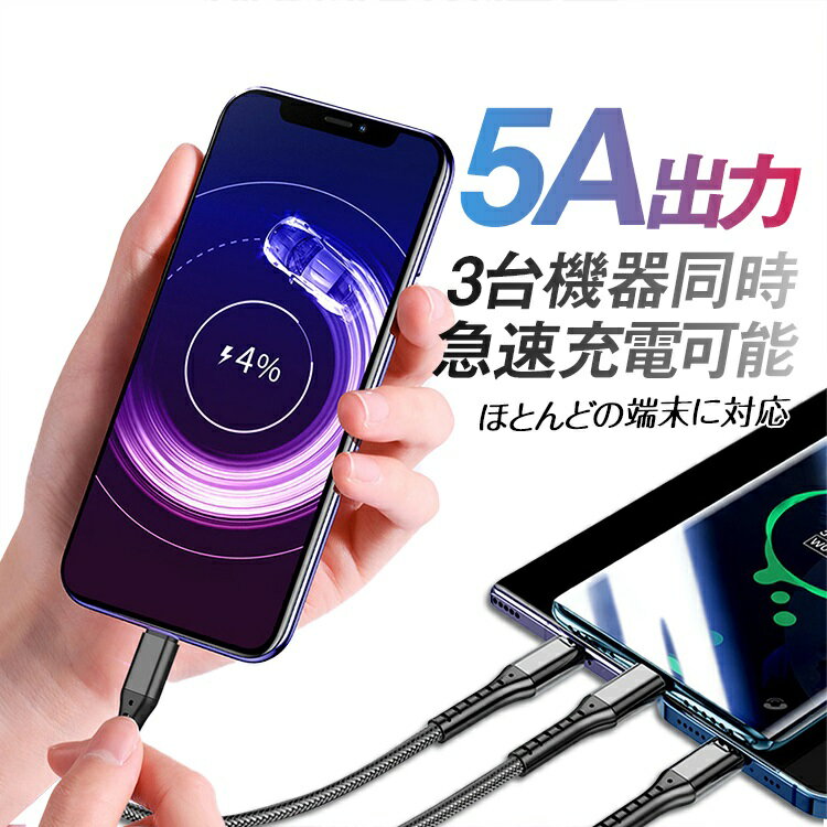 3in1ナイロン充電ケーブル iPhone対応 microUSB Type-C 3in1 高速充電対応ケーブル 丈夫 断線しない 1.2m CB3IN166