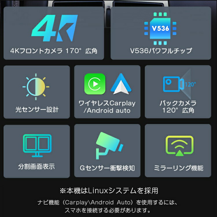 EONON 4KϿ�襫���ץ쥤�䡼 CarPlay Android auto�б� 9.33����� IPS���å������꡼�� �ɥ�쥳 �ߥ顼����б� ����2ʬ���б� Bluetooth�б� ����Ʊ��Ͽ�� DVR P4J