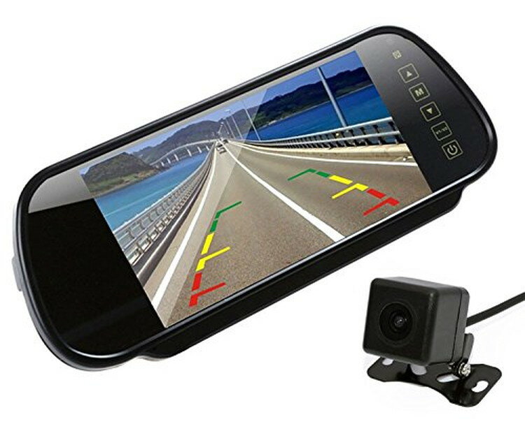7インチ大画面ルームミラーモニター+バックカメラセット ルームミラー型モニター リモコン付き ビデオ2チャンネル 12V小型防水バックカメラ ガイドライン切替可 RM70+B021