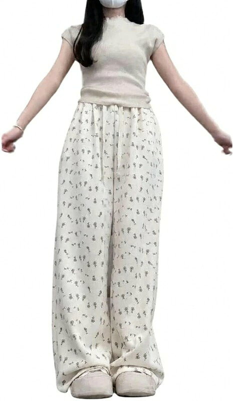 ワイドパンツ レディース 花柄 夏 薄手 イージーパンツ ハイウエスト ウエストゴム ストレートパンツ ロングパンツ さらさら 涼しい ゆったり 部屋着 通学 カジュアル 送料無料