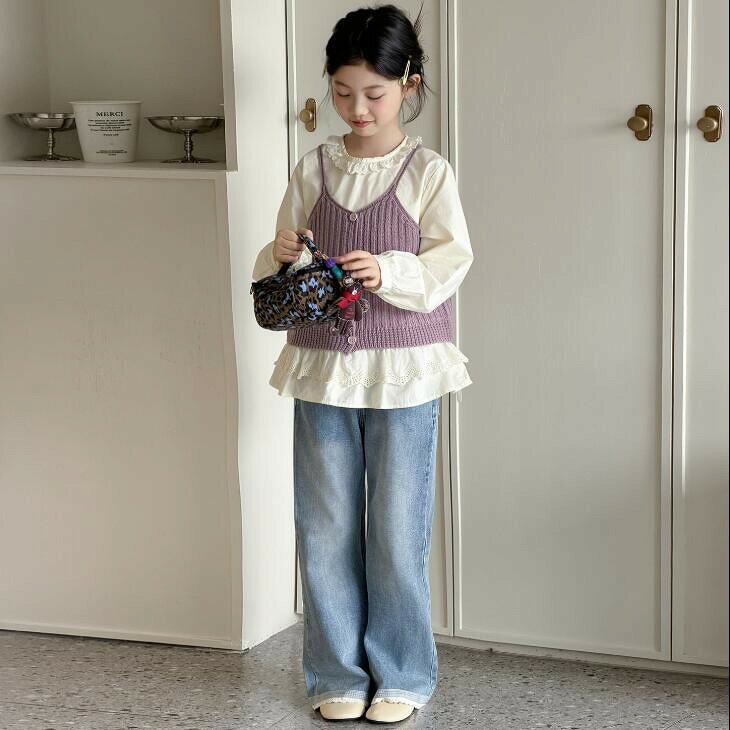キッズ女の子用長袖ニットベストセット秋服セット韓国子供服かわいい可愛い中大童子供服大きめキッズ秋冬通学かっこいい無地送料無料 - 2