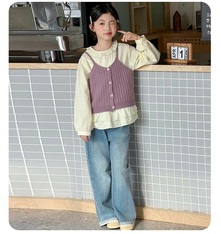 キッズ女の子用長袖ニットベストセット秋服セット韓国子供服かわいい可愛い中大童子供服大きめキッズ秋冬通学かっこいい無地送料無料 - 3