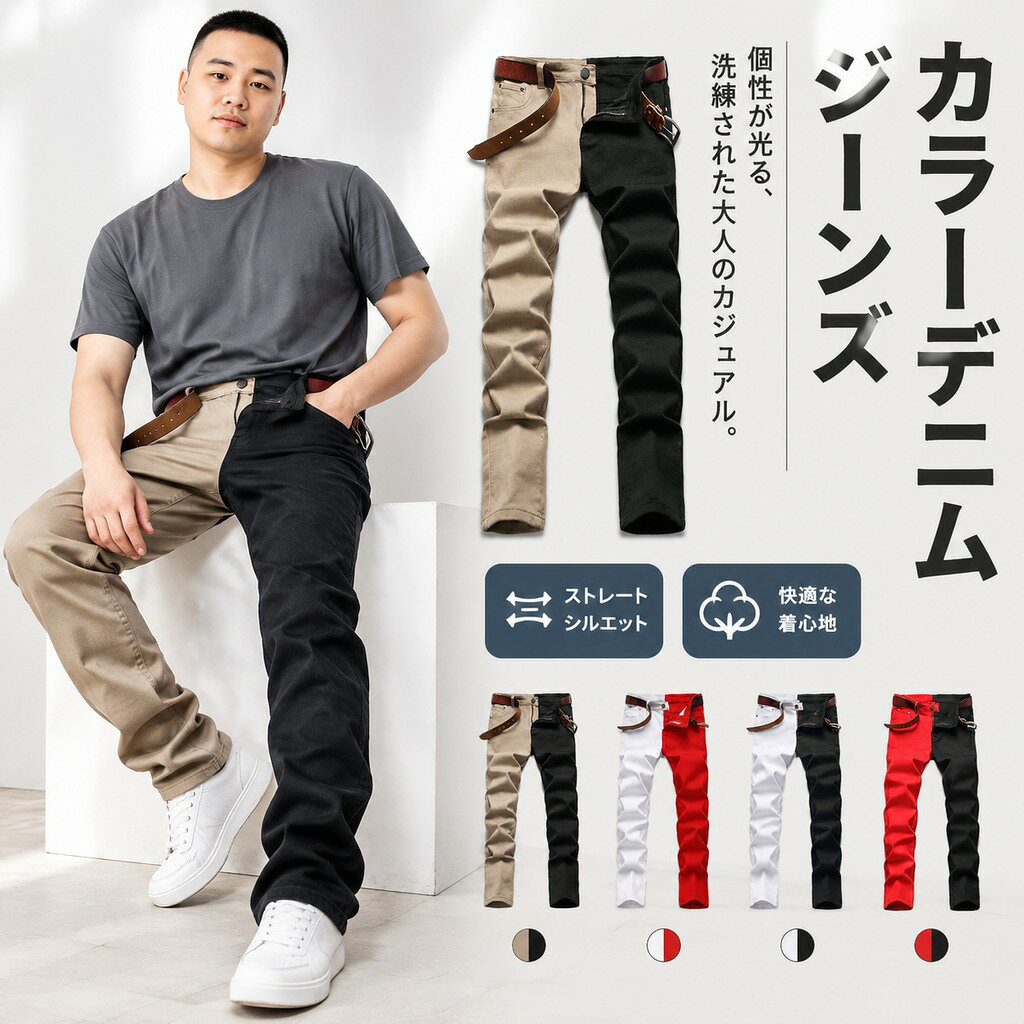 商品コード 商品仕様 スタンダードデニムでは物足りないという方にオススメしたいストレートタイプ、大胆カラーデザインデニムジーンズです。 程よいストレッチ性が有るのでゴルフ用としてのご使用もOKです。ご使用の各種シーンで目立つこと請け合いのアイテムで、一年を通して使い回せるアイテムです。 メンズサイズですが女性の方でも問題なく着用できるので、カップルや友達同士でオソロイ・ペアコーデもおすすめです。 スウェットやパーカーでラフなスタイル、ニットや、カーディガンを合わせた綺麗めなスタイルなど幅広いスタイリングでお楽しみいただけます。 素材 コットン/ポリウレタン カラー 赤x黒/カーキx黒/白x黒/白x赤 サイズ 28:ウエスト72cm 総丈101cm ヒップ94cm 裾廻り27cm 30:ウエスト76cm 総丈103cm ヒップ98cm 裾廻り29cm 32:ウエスト82cm 総丈105cm ヒップ102cm 裾廻り31cm 34:ウエスト86cm 総丈107cm ヒップ106cm 裾廻り33cm 36:ウエスト92cm 総丈108cm ヒップ111cm 裾廻り35cm 38:ウエスト96cm 総丈109cm ヒップ115cm 裾廻り37cm セット内容 メンズ デニム ジーンズ 原産国 中国 注意事項 ※お客様のモニター環境により実物の色合いと若干お色目が異なる場合がございます。 ※商品生地、色合い、コサージュやその他装飾部品の色やデザイン等、生産時期によって、差異が生じます。 そのため、同じ商品を複数点ご購入の場合、場合によって色、コサージュのデザイン等差異がでる場合がございます。ご了承ください。 ※着用・保管頂きます際には他のものとの摩擦などにより色移りや傷になる場合が メンズ デニム ジーンズ 個性 ボトム メンズファッション 早い者勝ち 赤x黒 カーキx黒 白x赤 28 30 36 38