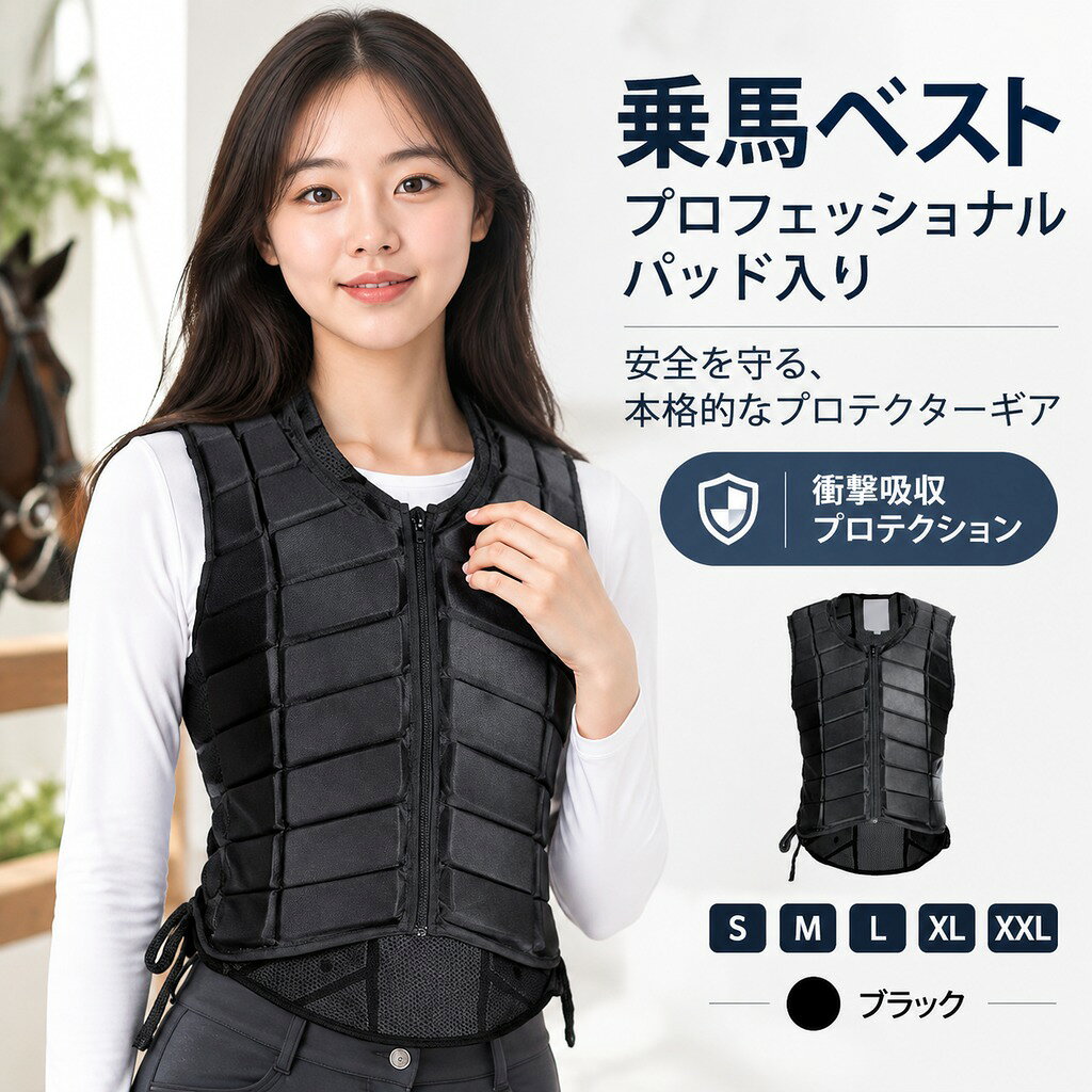 乗馬ベスト プロフェッショナル パッド入り ブラック ジッパー プロテクター ギア ウエストコート 送料無料