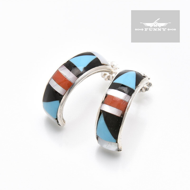 【FUNNY公式ストア】 ズニ族 インレイ ハーフフープ ピアス スターリングシルバー シルバー925 マルチカラー カラフル ターコイズ 天然石 キャッチ シ...