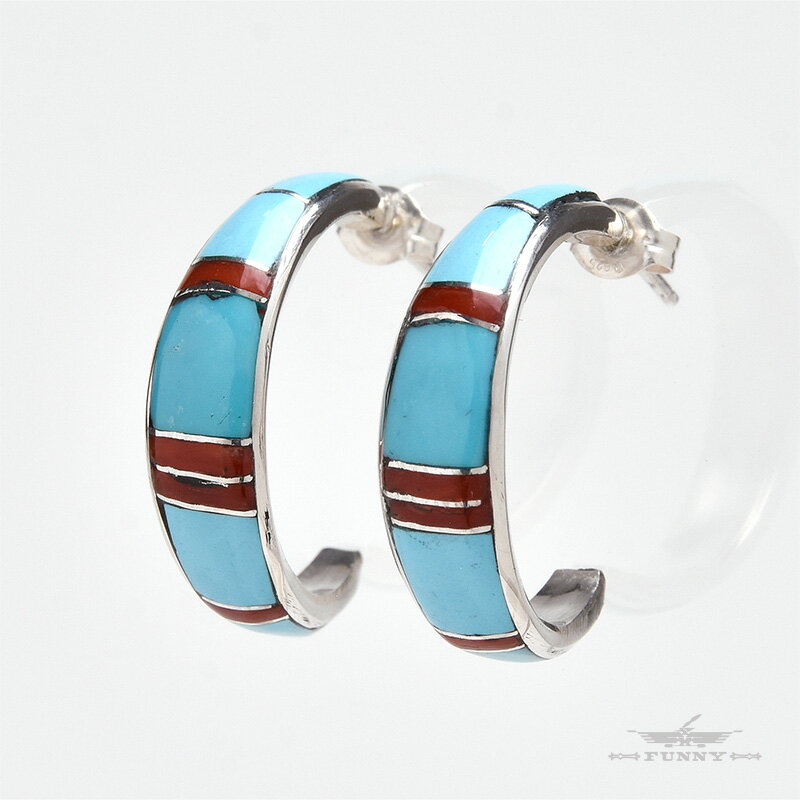 【FUNNY公式ストア】 ズニ族 Kerrie Peina インレイ ハーフフープ ピアス ターコイズ コーラル スターリングシルバー シルバー925 天然石 ...