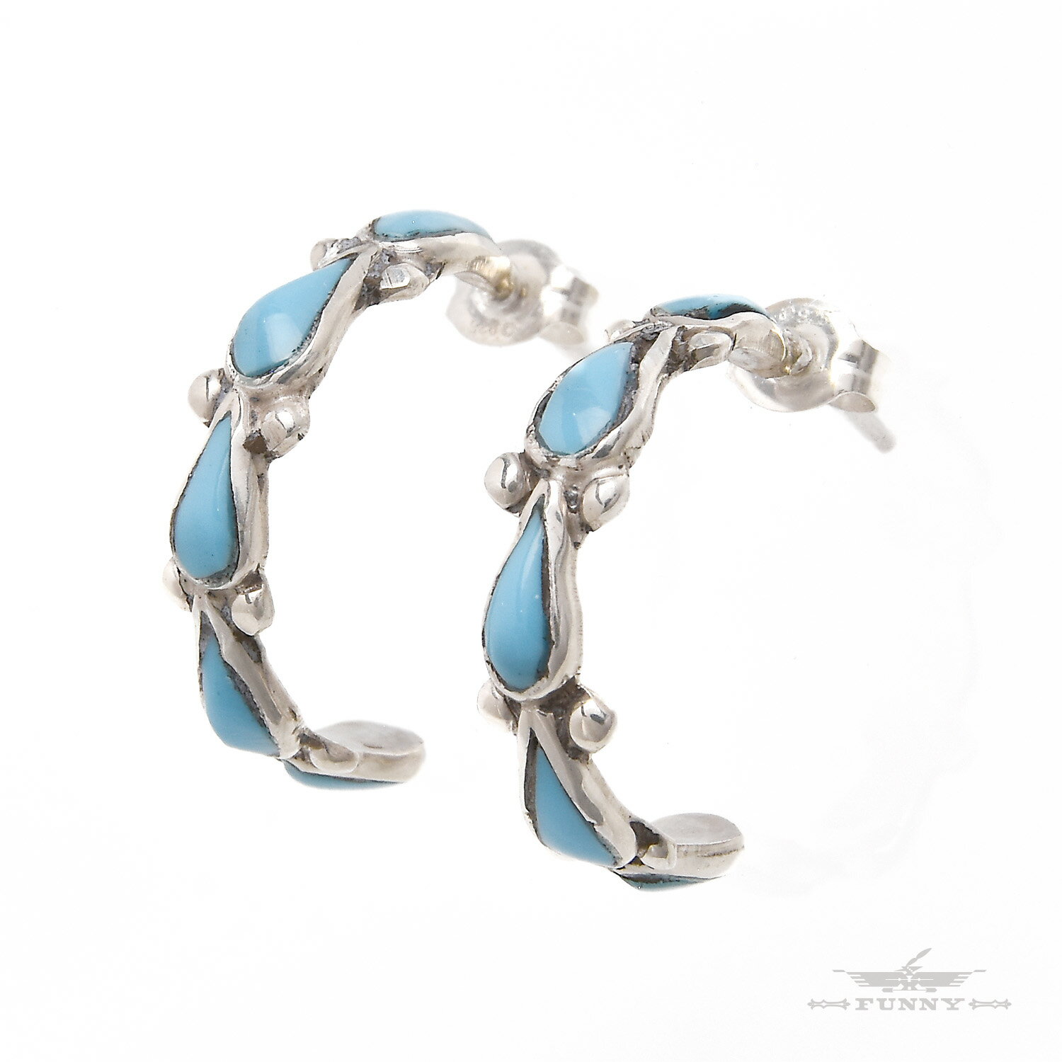 【FUNNY公式ストア】ズニ族 ターコイズ ハーフフープ ピアス インディアンジュエリー スターリングシルバー シルバー925 レディース メンズ 天然石 トル...