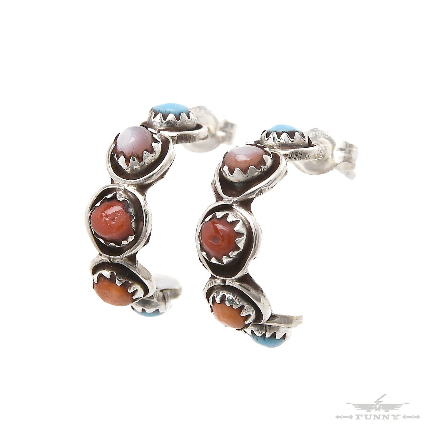 【FUNNY公式ストア】ズニ族 Florenda Lonasee マルチストーン ハーフフープ ピアス インディアンジュエリー ターコイズ コーラル スパイニー...