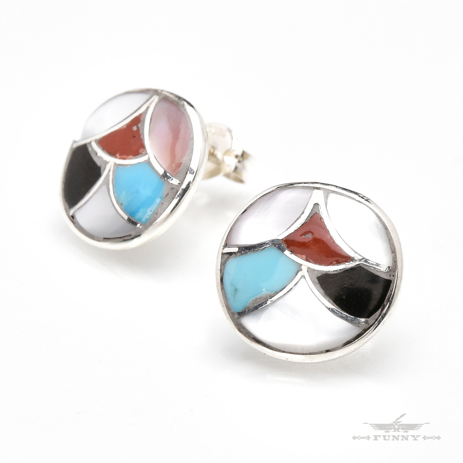 【FUNNY公式ストア】 ズニ族 Orena Leekyaマルチ インレイ スタッズ ピアス インディアンジュエリー シルバー925 天然石 トルコ石 レディー...