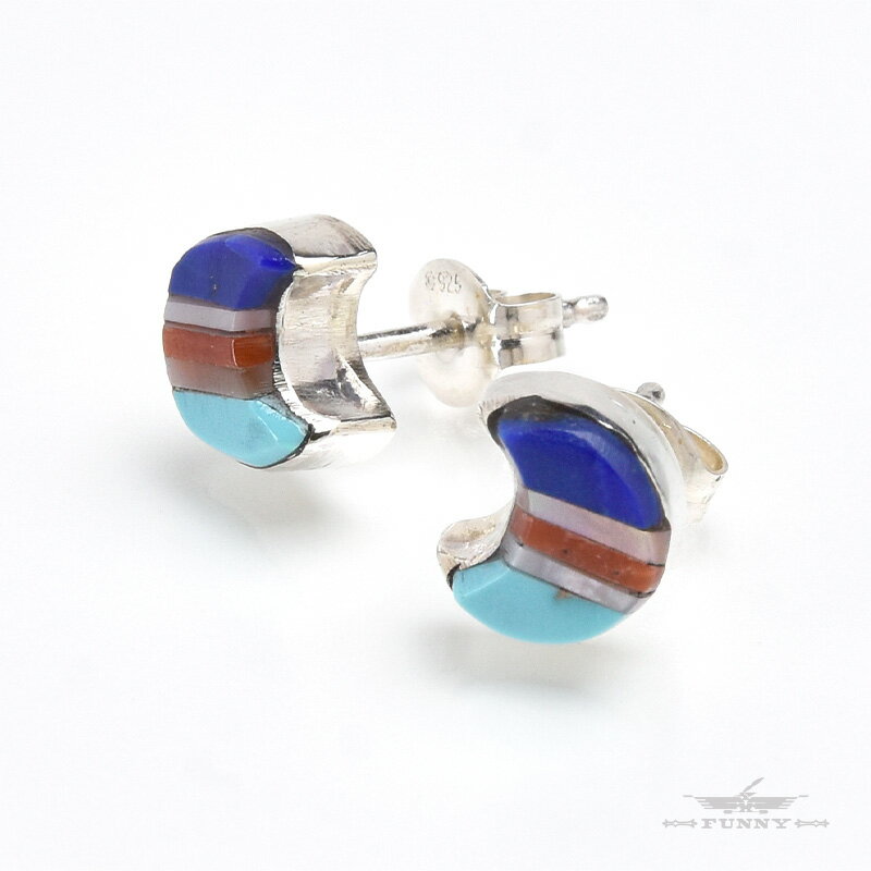 【FUNNY公式ストア】 ズニ族 ムーン インレイ スタッズ ピアス スターリングシルバー シルバー925 ターコイズ シェル 天然石 月 キャッチ 小さめ 小...