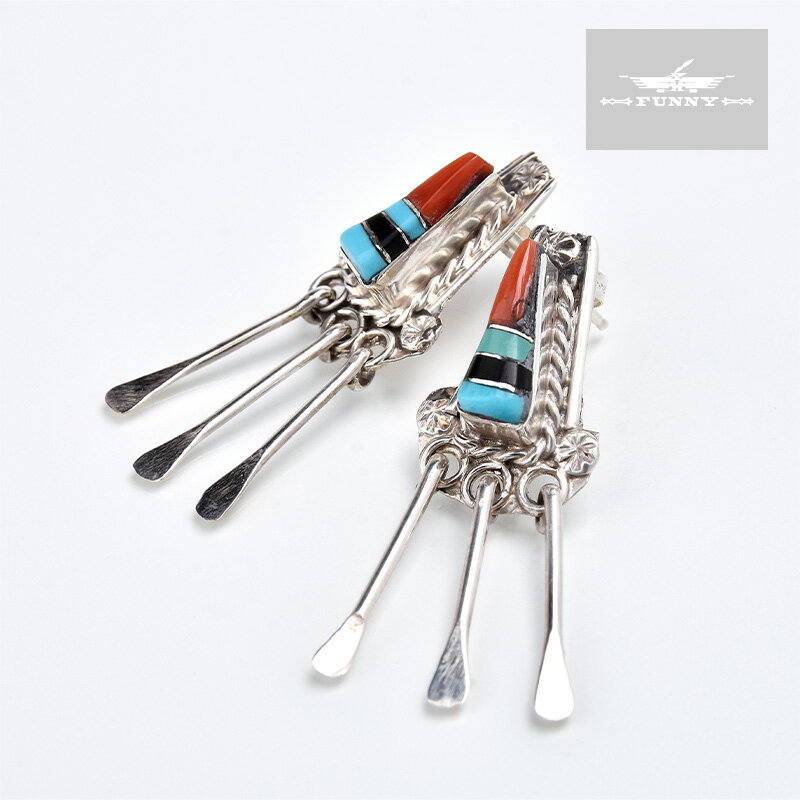 【FUNNY公式ストア】 ズニ族 トライアングル インレイ ピアス ターコイズ コーラル キャッチ スターリングシルバー シルバー925 インディアンジュエリー...