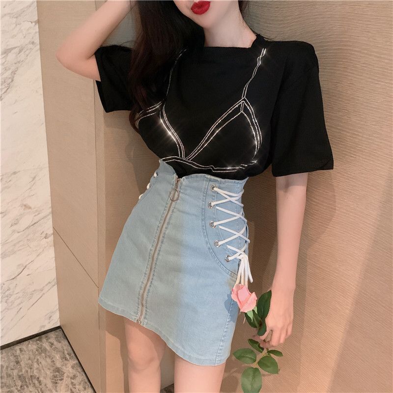 デニム スカート ハイウエスト ミニ レディース 無地 S M L デート 着回し ブルー フェミニン 韓国系 大人可愛い シンプル カジュアル 春 夏 秋 レースアップ 体系カバー トレンド 10代 20代 女子会 休日 普段使い トレンド 定番 個性的
