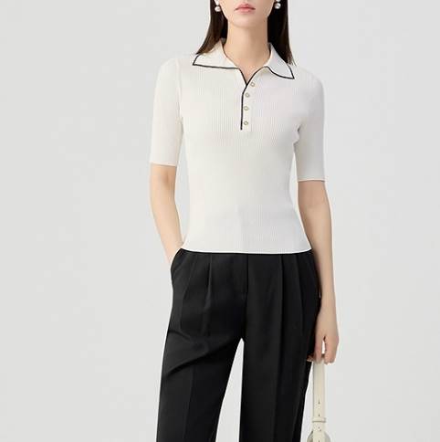 ニットトップス レディース トップス ニット 5分袖 襟付き ハーフボタン スリム 細身 かわいい 大人可..