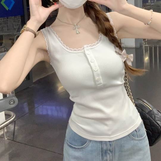 レディース トップス ハーフボタン 袖なし ノースリーブ タンクトップ Uネック レース かわいい カジュ..