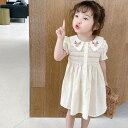 子供服 ワンピース パフスリーブ ドレス アイボリー 送料無料 襟付き ボタン キッズドレス 小学生 こども 半袖 ミディ丈 ロング 花柄 刺繍 きれいめ エレ...