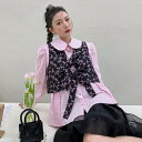 トップス 送料無料 2色 リボンべスト ジレ レイヤードスタイル ダブルリボン レトロ 無地 花柄 フラワープリント おしゃれ スタイル 小顔見せ 着痩せ 体型カバー インスタ トレンド きれいめ かわいい ブラック 黒 ピンク エレガント(4)
