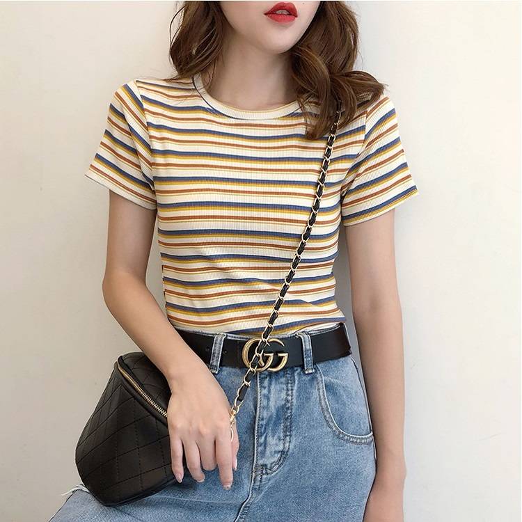 トップス カットソー Tシャツ レディース 送料無料 ボーダー リブ 半袖 ラウンドネック カジュアル スポーツ シンプル かわいい 着回し S M L XL カラバリ 白 ホワイト ネイビー 黄色 イエロー マルチカラー くすみカラー 大人 学生 夏